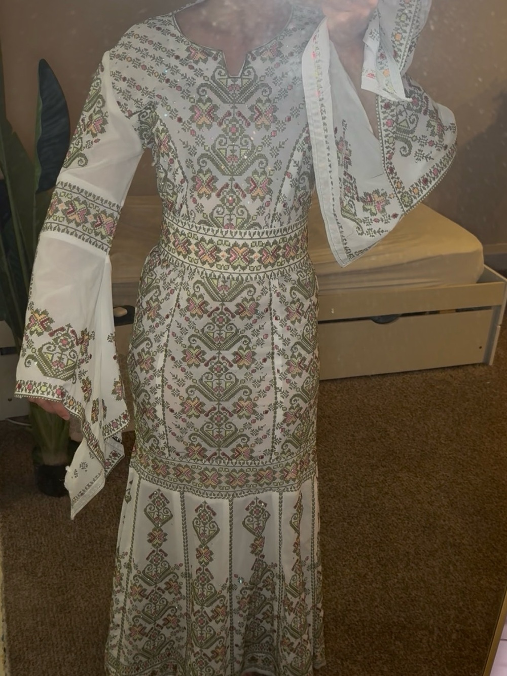 White and Green Embroidered Mermaid Thobe